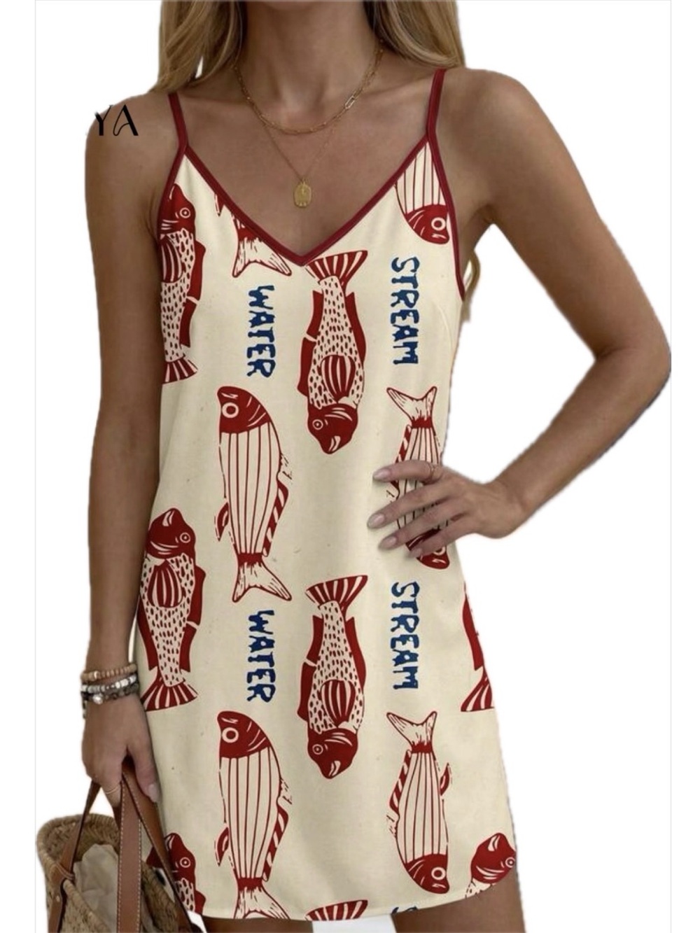 NWOT SHEIN Cream Slip Dress with Red Fish Print and Blue Text